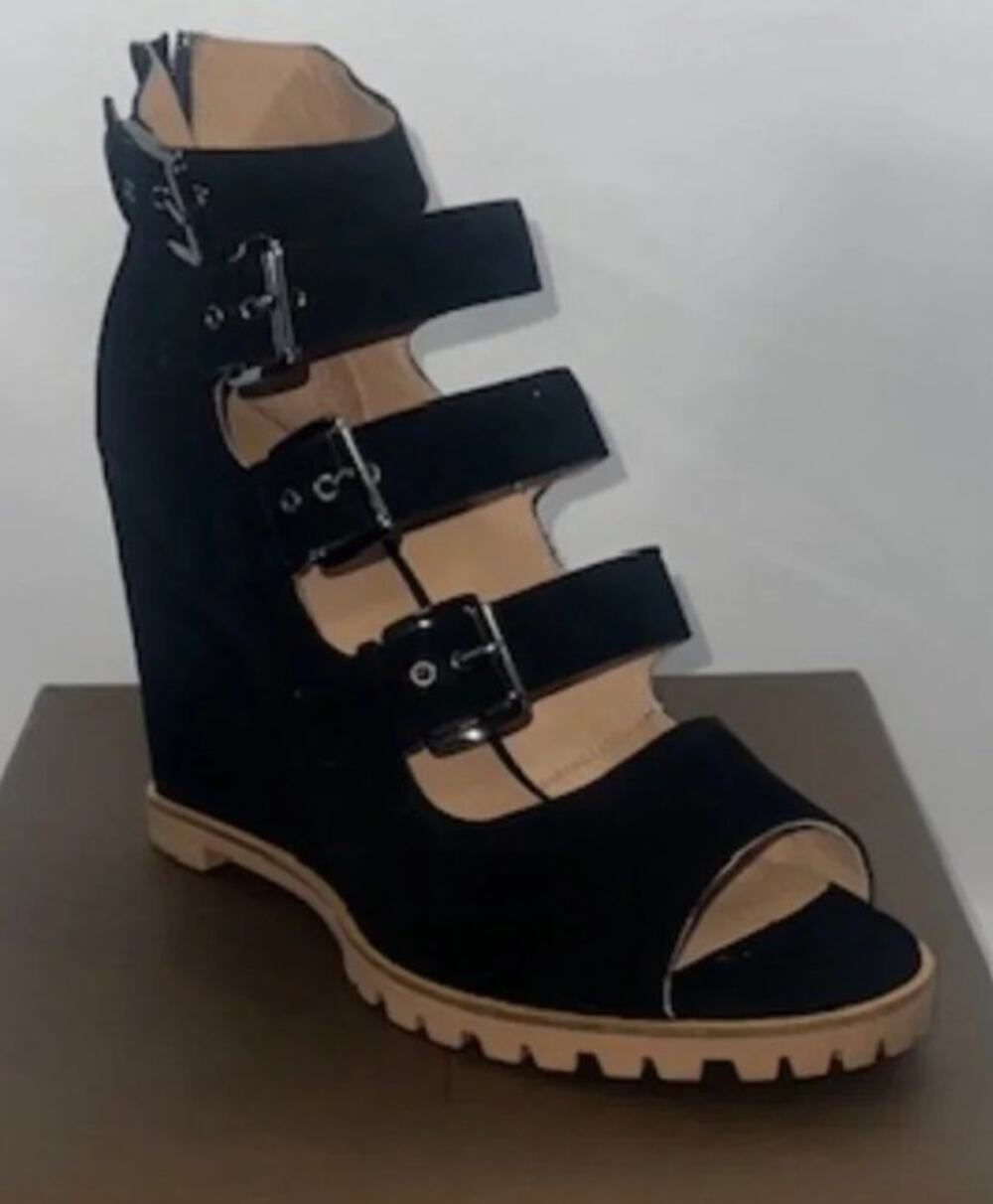Linea Paolo Wisteria Black Kid Suede Women's sz 5 Open toe wedge boots